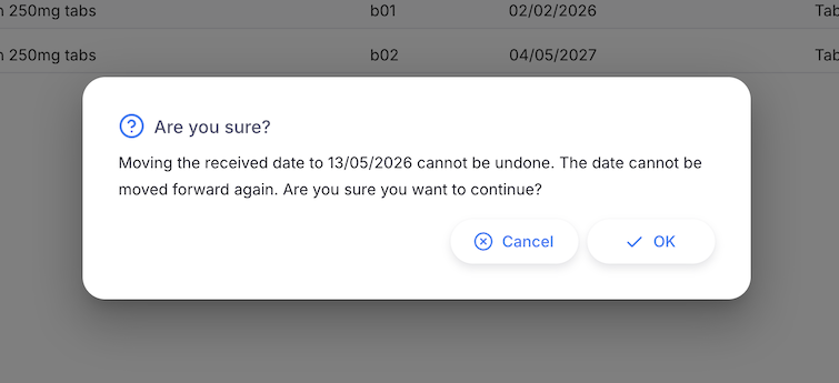 Confirmation dialogue for changing the received date