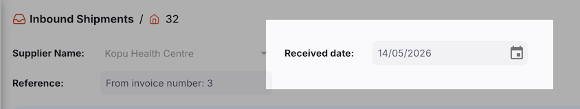 Inbound Shipment detail view showing the Received date field in the toolbar