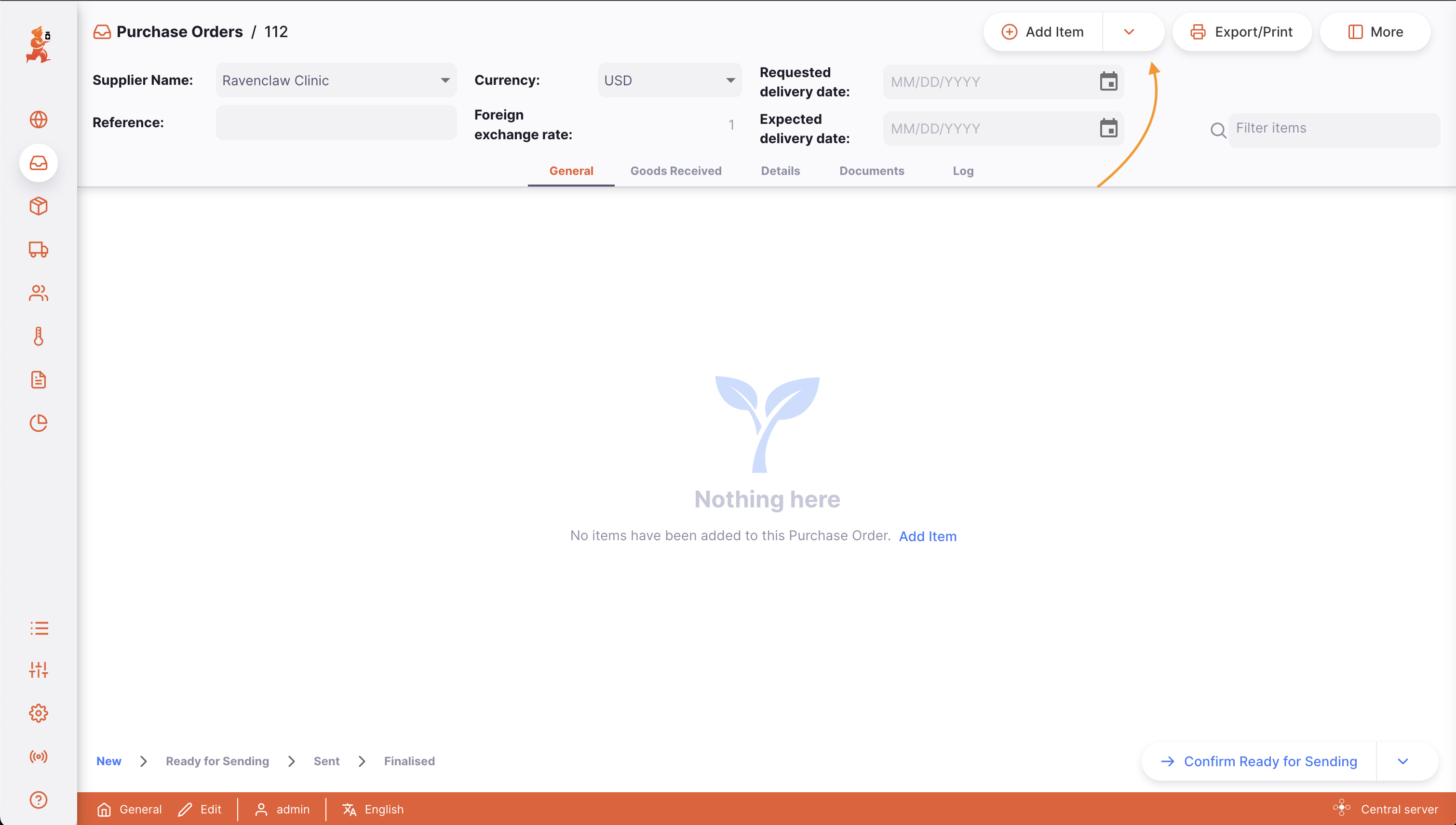 Purchase order: add item button