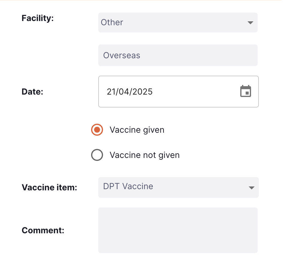 Vaccination Modal - given other facility