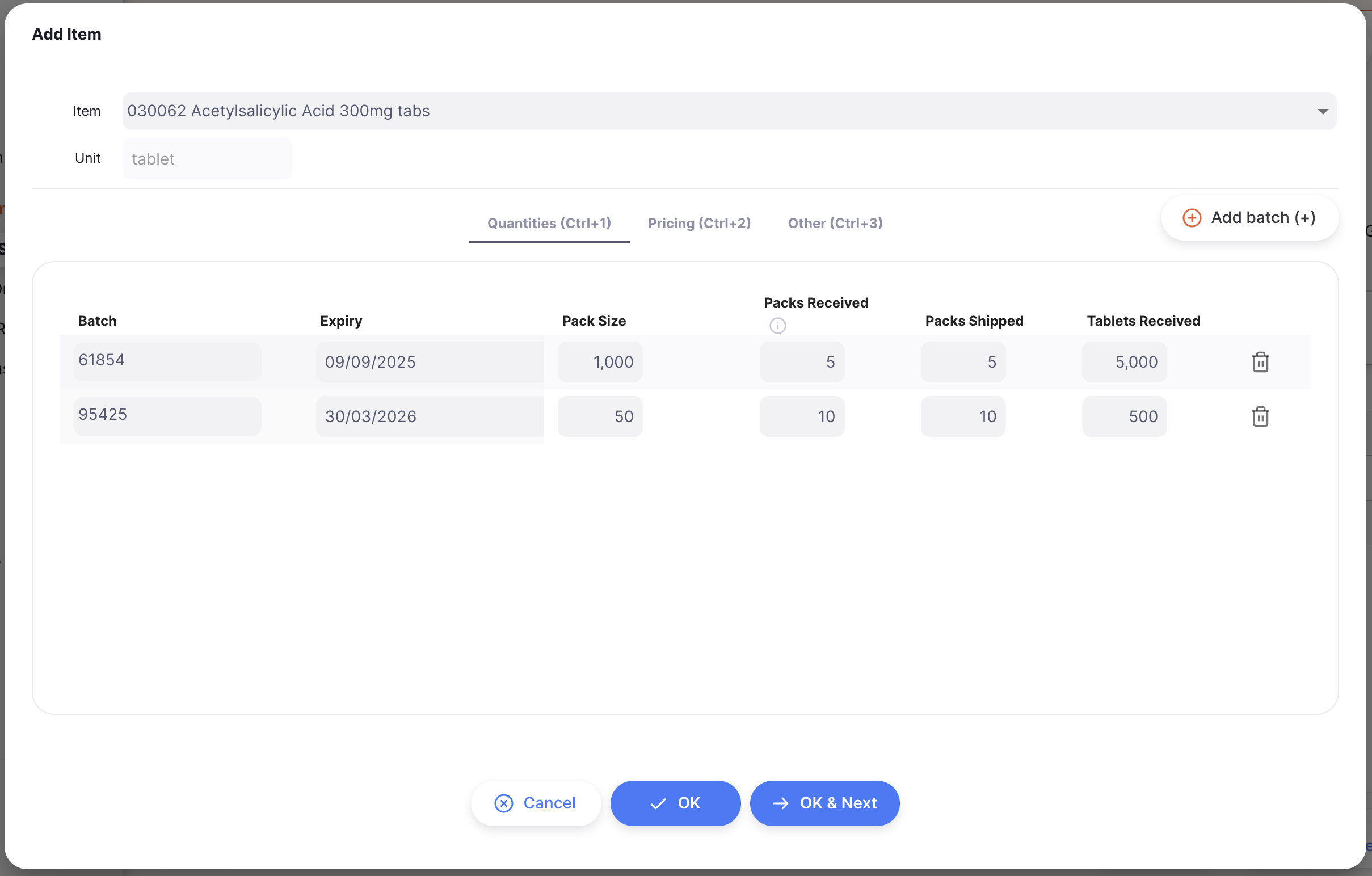 Add Item quantities