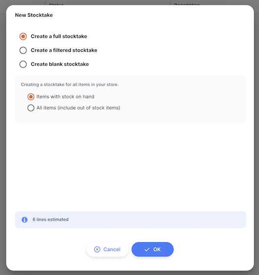 Stocktake: New modal
