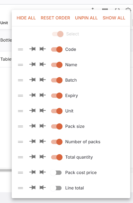 Hide columns