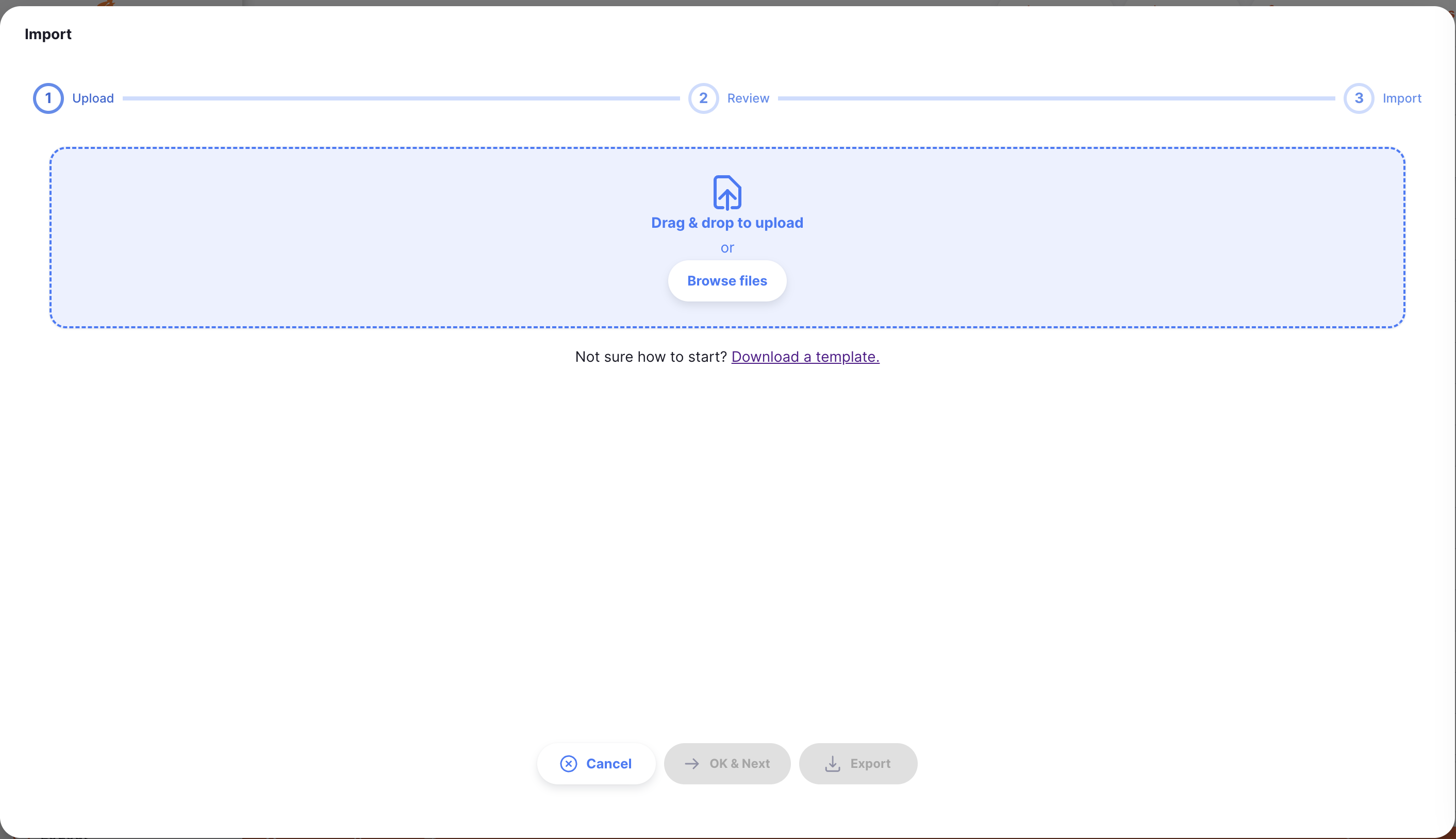 Fenêtre d'importation équipements
