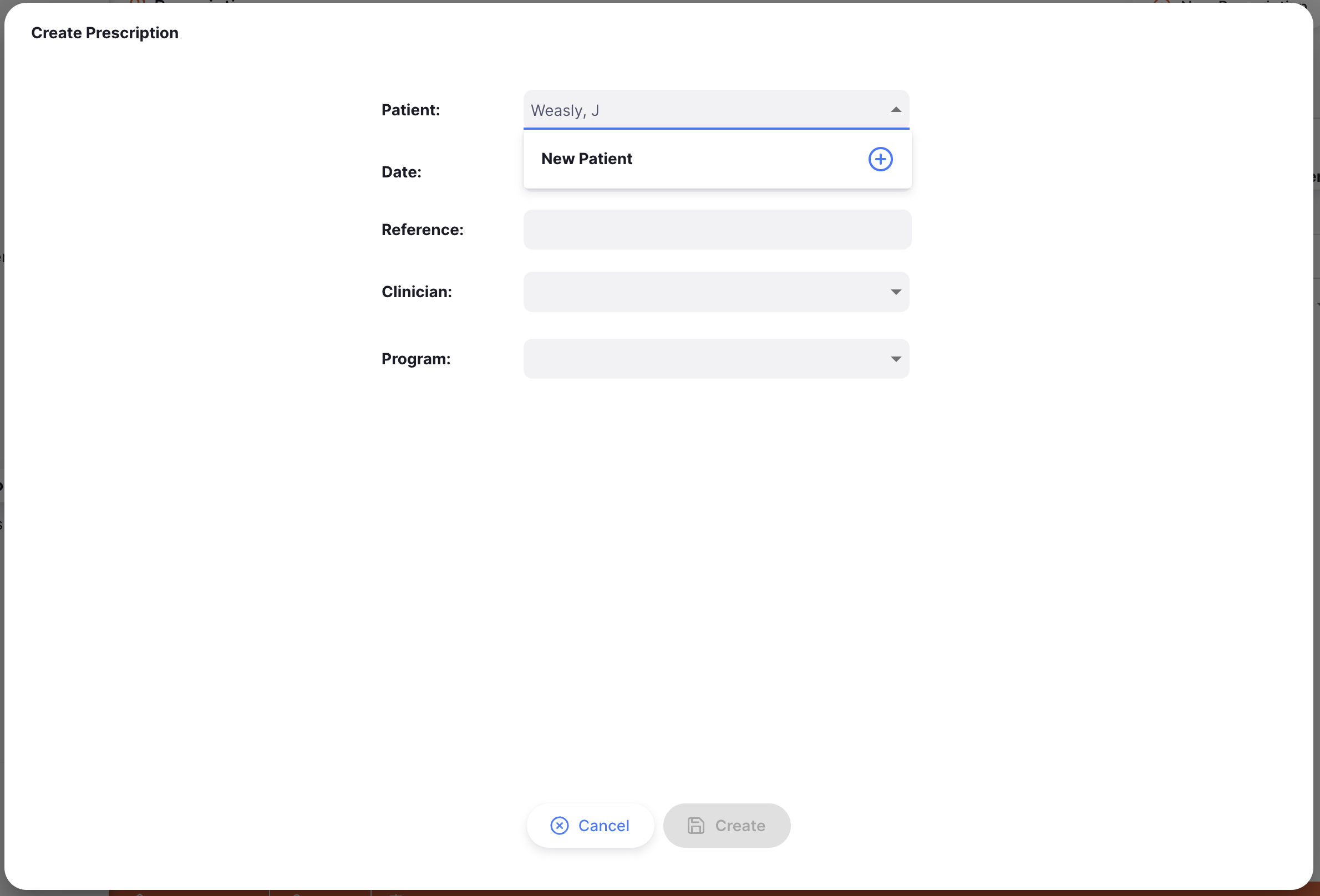 Create new patient pop up