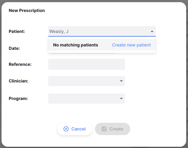 Pop-up créer un nouveau patient