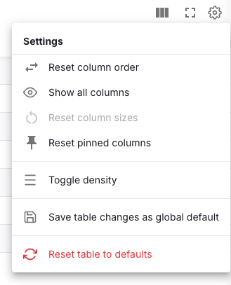menu d'administration du tableau