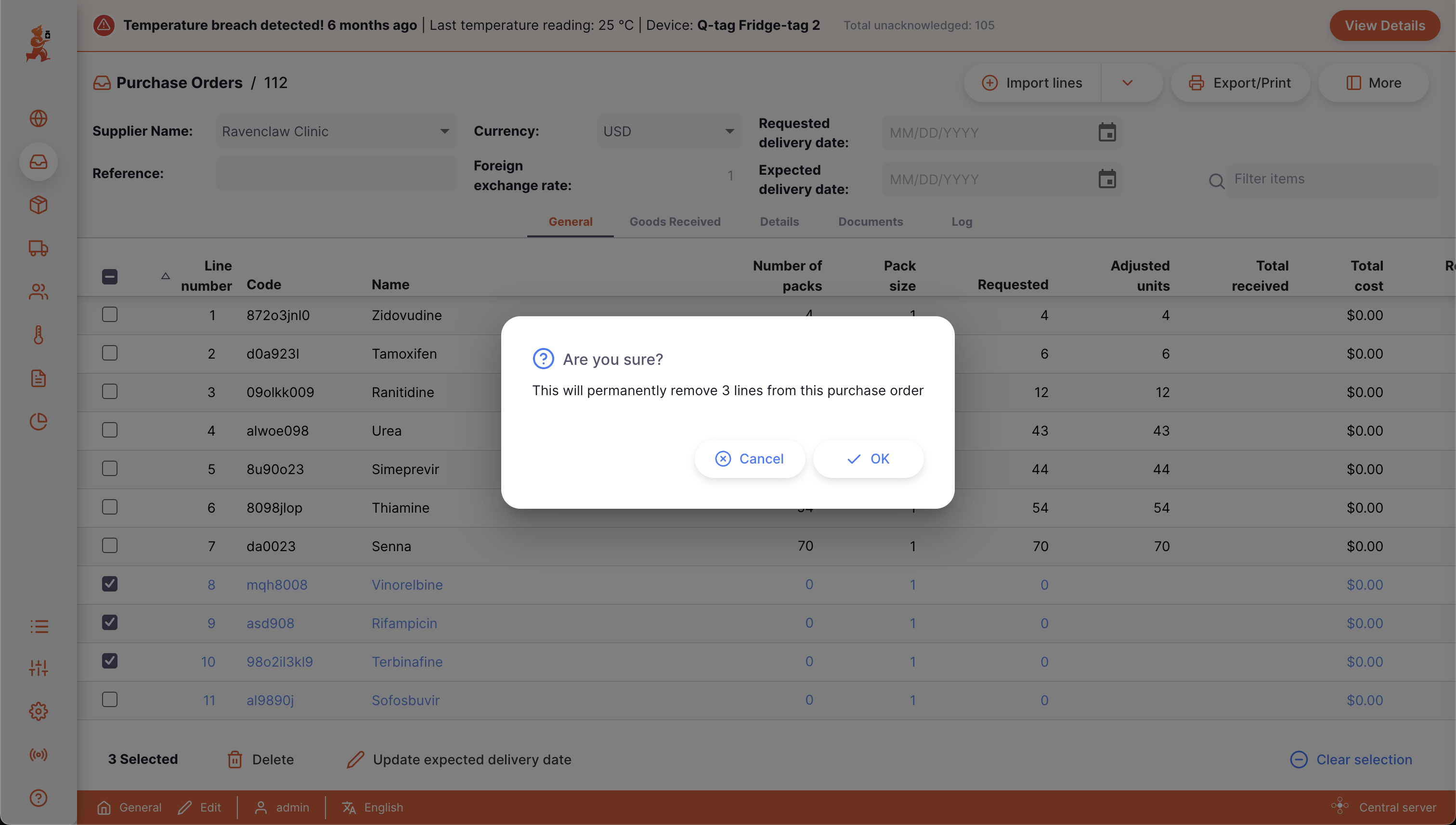 Supprimer une ligne de bon de commande