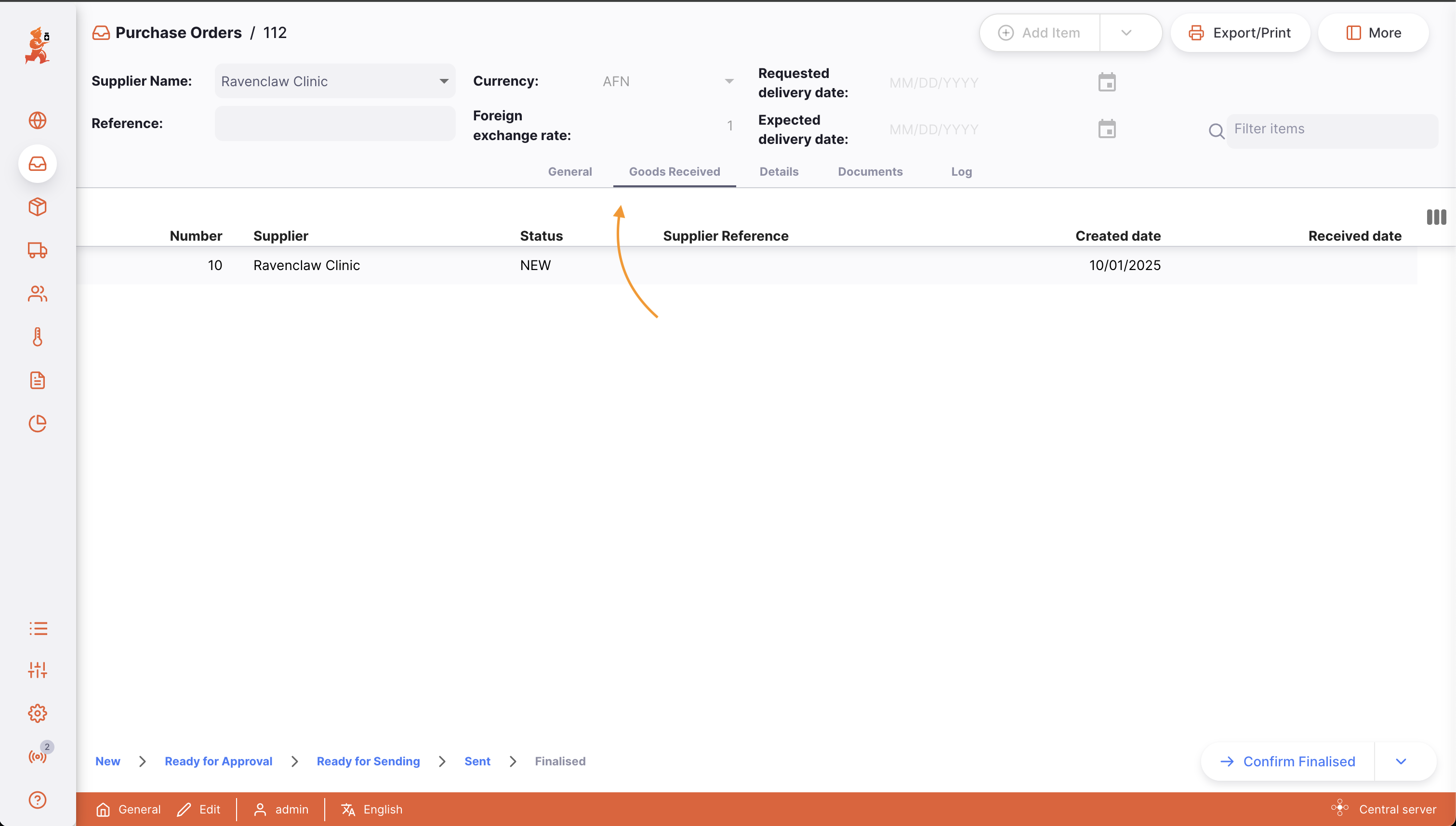 Onglet marchandises reçues