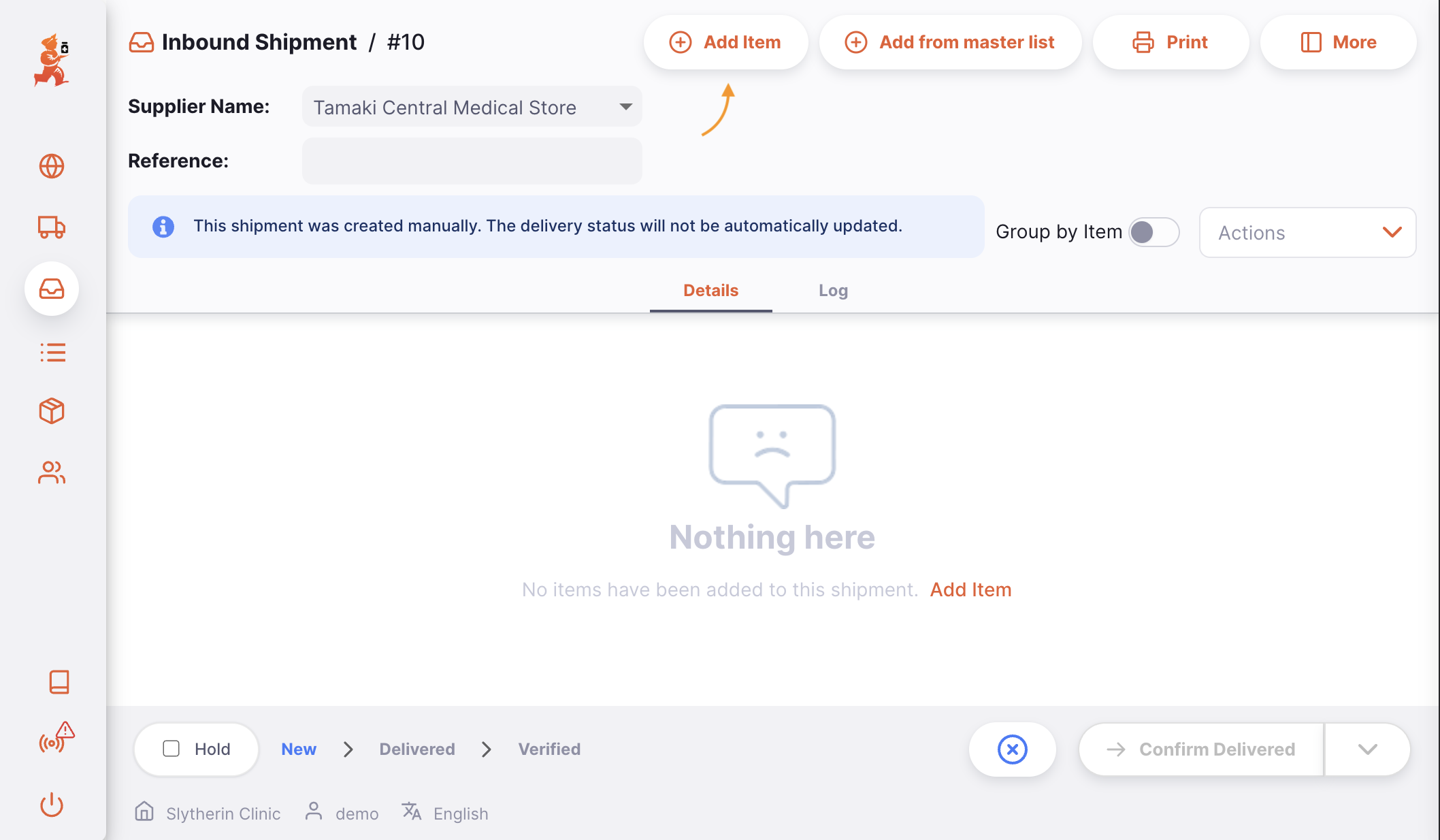 Expédition entrante : bouton ajouter un article