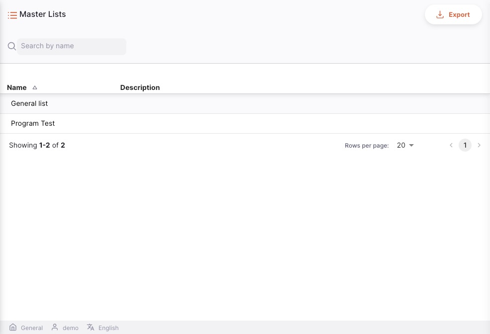 Página de Listas mestre mostrando as listas disponíveis